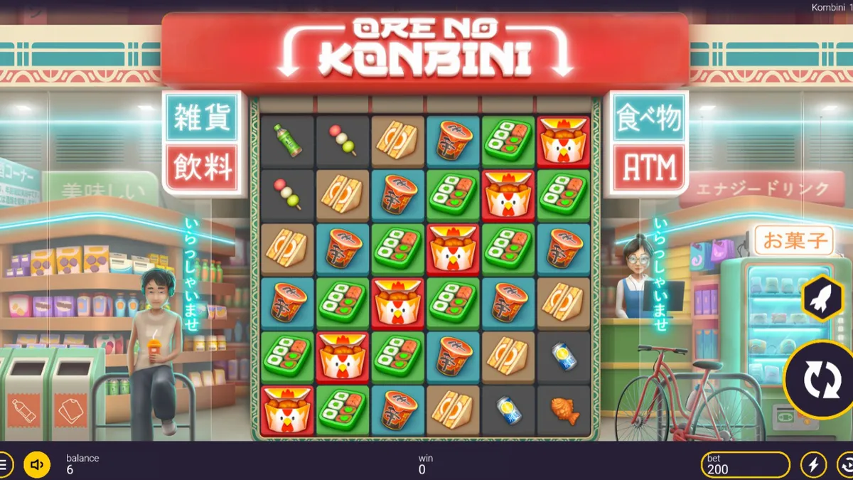 Tampilan visual neon dari slot Ore No Konbini dengan simbol makanan Jepang.